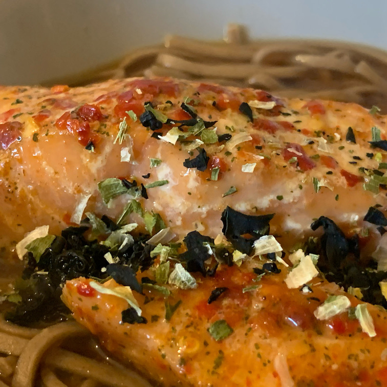 A typical lunch from this week was cooked salmon with chilli in miso soup and soba noodles